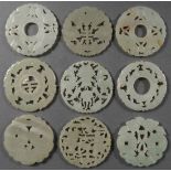 9 CHINESE CARVED OPEN WORK JADE PENDANTS