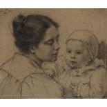 CHARCOAL SKETCH OF MOTHER AND CHILD, SIGNED