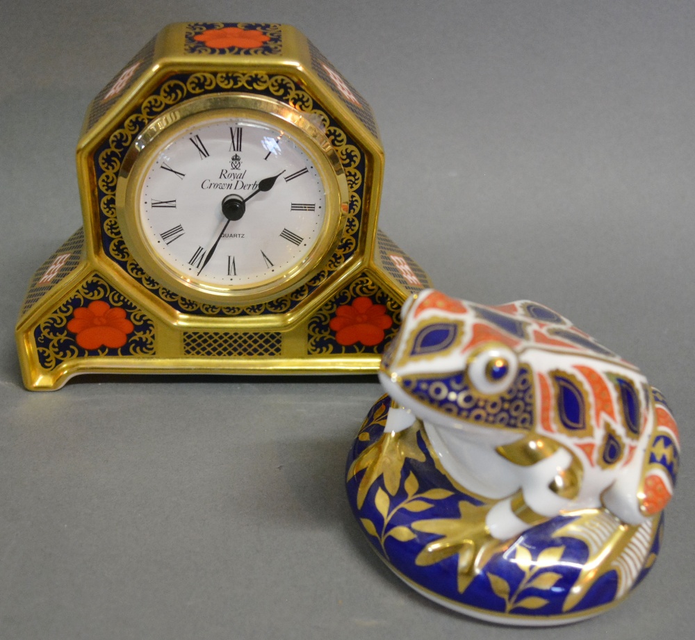 A Royal Crown Derby Porcelain Table Clock decorated in the Imari Palette,