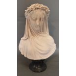 A Reconstituted Marble Bust 'The Veiled Bride' with circular socle,