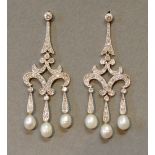 A Pair of Platinum and Freshwater Pearl Diamond Set Chandelier Style Drop Earrings,