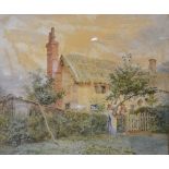 A 19th Century Watercolour FIGURES BEFORE A TIMBER FRAMED COTTAGE Indistinctly signed,