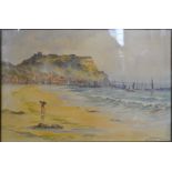 M H Meyrick, SCARBOROUGH WITH FIGURE ON A BEACH Watercolour,