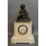 A 19th Century French White Marble Mantle Clock surmounted with a patinated figure of a Young Girl,