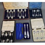A Set of Six Birmingham Silver and Enamel Decorated Coffee Spoons within fitted lined case together