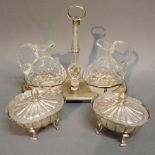 A Pair of Glass Vinegar Bottles within a 925 Silver Stand,