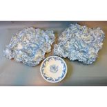 A Pair of Delft Type Under Glaze Blue Decorated Wall Plaques together with a similar dish