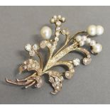 A Gold Spray Brooch set with Diamonds and Pearls, approximate diamond weight 1.