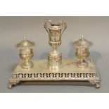 A Continental White Metal Desk Stand of rectangular pierced form,