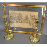 A Pair of Early Brass Candlesticks together with a print after Hanslip Fletcher