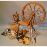 A Turned Wooden Spinning Wheel with Accessories,