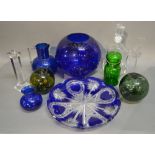 A Collection of Blue Glassware and other Glassware to include a pair of candlesticks by Villeroy