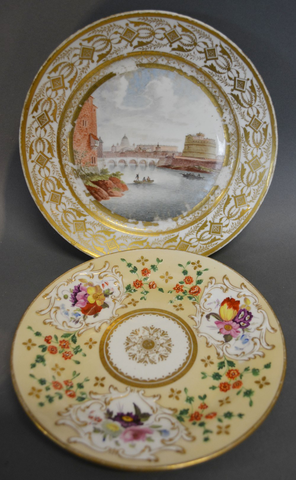 A 19th Century Cabinet Dish hand painted with a River Scene with Figures in Boats within a Gilded