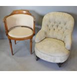 A Victorian Low Seat Nursing Chair with Button Upholstered Back and Stuff Over Seat raised upon low