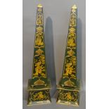 A Pair of Toleware Chinoiserie Decorated Obelisk, with gilded decoration upon a green ground,