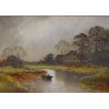 H Gordon RIVER SCENE WITH FIGURE IN A PUNT BEFORE A TIMBER FRAMED COTTAGE Signed,