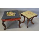 A Victorian Tapestry Topped Footstool with Carved Mahogany Outswept Legs,