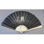 A 19th Century Black Gauze Fan, hand painted with figures, mother of pearl sticks with metal hoop,