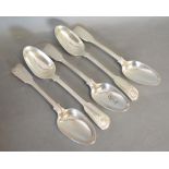 A Set of Five Victorian Silver Fiddle Thread and Shell Pattern Table Spoons, by George Adams,
