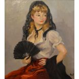 Marcel Dyf, 1899 - 1985, France STUDY OF A GIRL WITH BLACK LACE HEADDRESS AND FAN Signed,