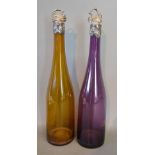 A Pair of Coloured Glass Decanters with Birmingham Silver Mounts and Stoppers,