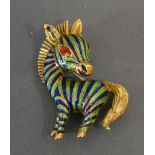 An 18ct. Gold Brooch in the form of a Donkey with enamel decoration, 16.4 gms