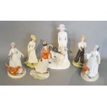 A Coalport Group 'Girl with Afghan' together with five Royal Worcester figures