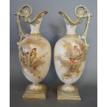 A Pair of Royal China Works Worcester Blush Ivory Jug Vases, each hand painted with two chaffinch