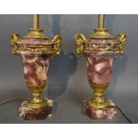 A Pair of French Gilt Metal and Marble Table Lamps of Urn Form, 40 cms tall