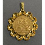 A Victorian Gold Full Sovereign dated 1886 within a 9ct. gold pendant mount, 10.3 gms all in