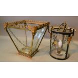 A 19th Century Gilt Metal Four Glass Hall Lantern of tapering form together with another similar