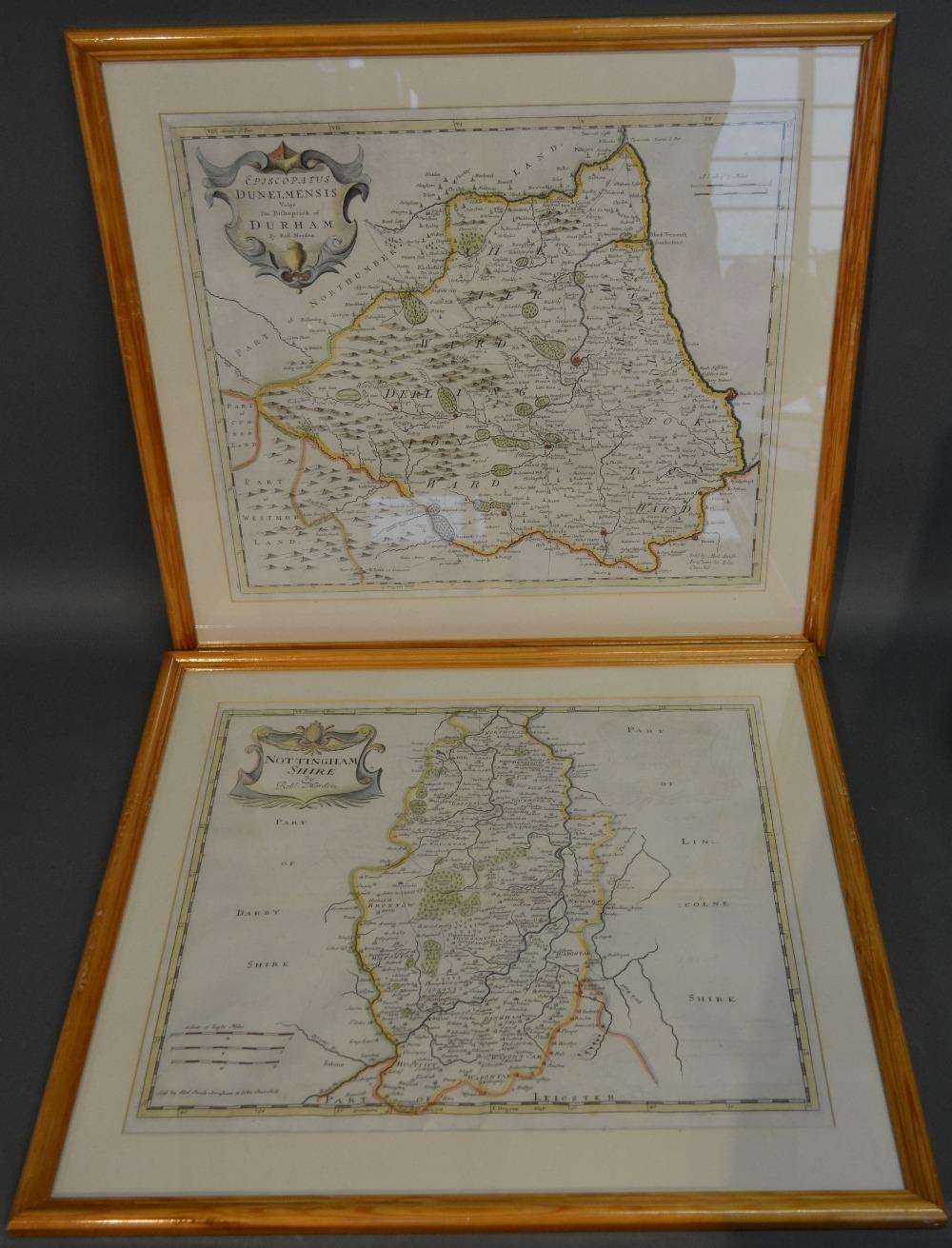 An Early Coloured Map of Durham by Robert Morden, 38 x 42 cms, together with an early coloured map