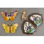 A Japanese Cloisonne Buckle of Shaped Form, together with two enamel decorated butterflies and a