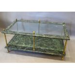 A Rectangular Marble Effect and Glass Two Tier Coffee Table with brass mounts, 108 x 62 cms