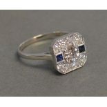 An 18ct. White Gold Art Deco Style Sapphire and Old Cut Diamond Ring