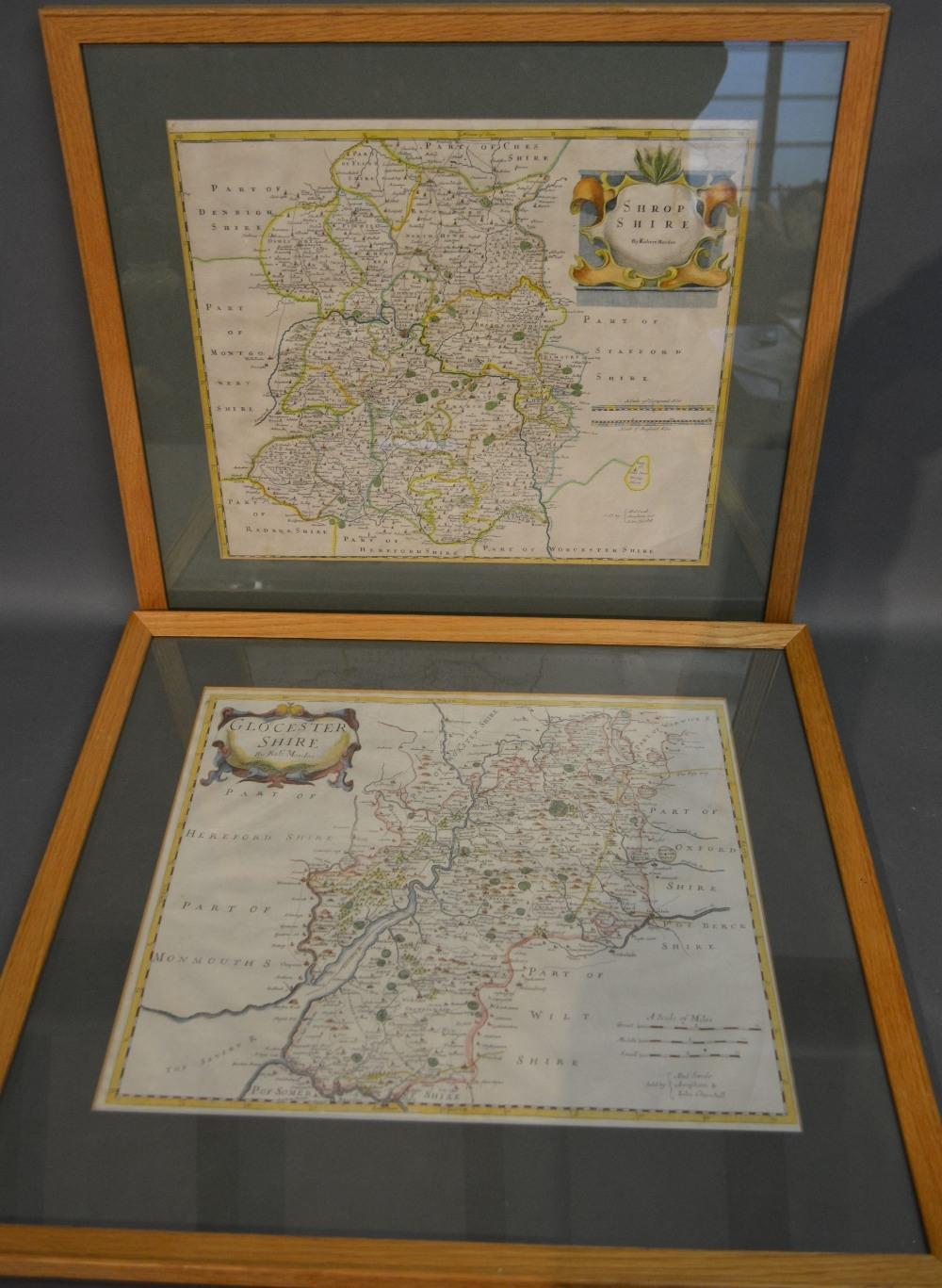 An Early Coloured Map of Shropshire by Robert Morden, 36 x 41 cms, together with another early