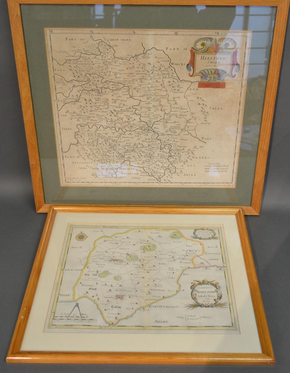 An Early Coloured Map of Herefordshire by Robert Morden, 37 x 42 cms, together with another