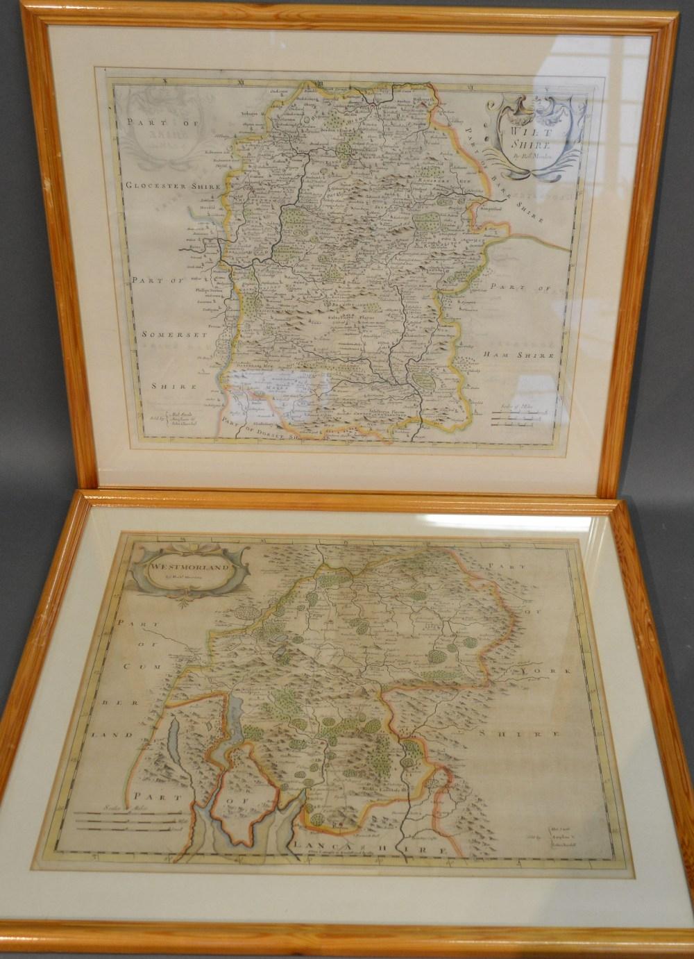 An Early Coloured Map of Wiltshire by Robert Morden, 36 x 42 cms, together with another early