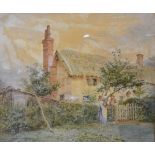 A 19th Century Watercolour FIGURES BEFORE A TIMBER FRAMED COTTAGE Indistinctly signed, 30 x 36 cms