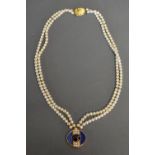 An 18ct. Gold Lapis Lazuli Diamond and Cabochon Garnet Pearl Choker with two strands of pearls,