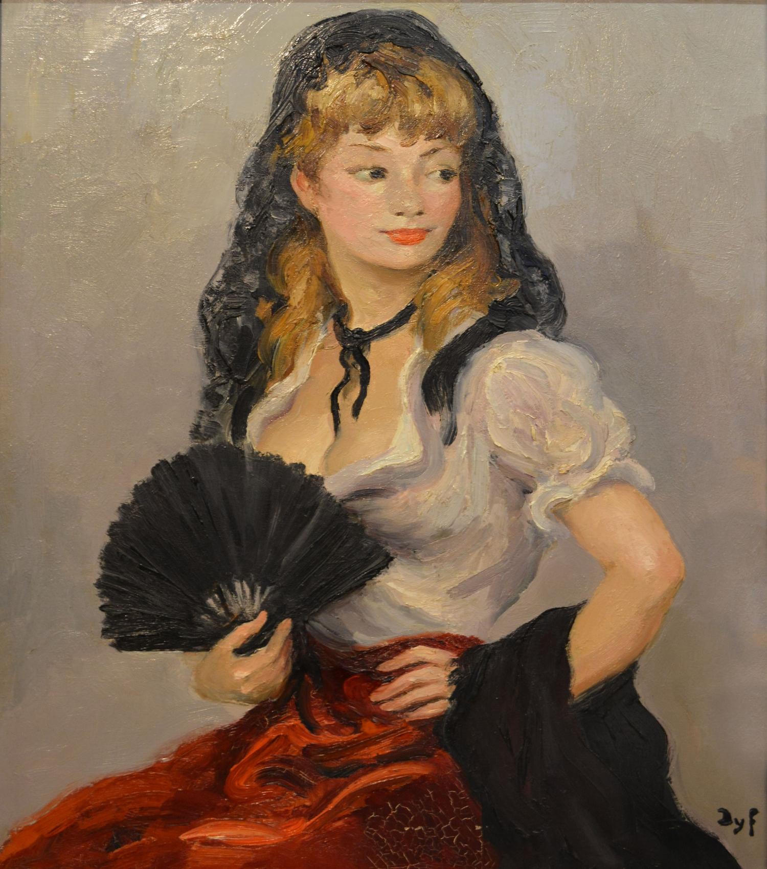 Marcel Dyf, 1899 - 1985, France STUDY OF A GIRL WITH BLACK LACE HEADDRESS AND FAN Signed, oil on