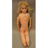 A 19th century bisque head doll, with sleeping eyes and leather jointed body