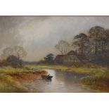 H Gordon RIVER SCENE WITH FIGURE IN A PUNT BEFORE A TIMBER FRAMED COTTAGE Signed, 24 x 34 cms