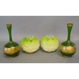 A Pair of Green Glass and Gilded Bottleneck Specimen Vases, together with a pair of opaque green