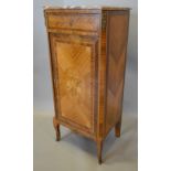 A French Kingwood and Marquetry Inlaid Side Cabinet with a Rouge Marble top above a frieze drawer