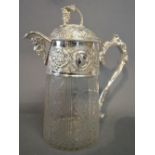 A Good Quality Silver Plated and Cut Glass Large Claret Jug with Mask Head Spout and Grapevine