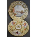 A 19th Century Cabinet Dish hand painted with a River Scene with Figures in Boats within a Gilded