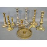 A Pair of Silver Plated Candlesticks together with various brass candlesticks and chamber sticks