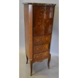 A French Kingwood and Marquetry Inlaid Side Cabinet with a variegated marble top above a fall