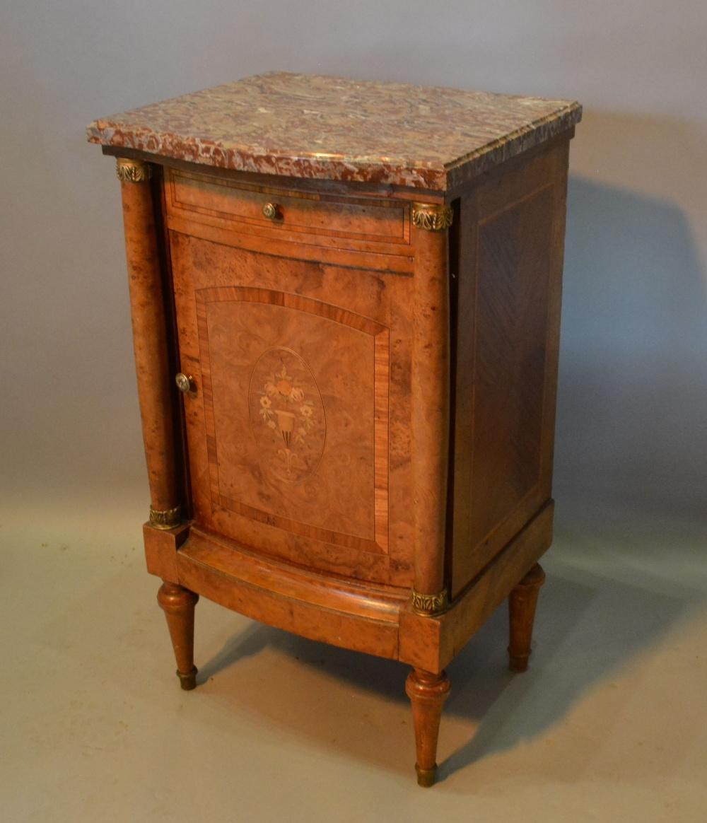 A 19th Century French Kingwood and Marquetry Inlaid Side Cabinet, the rouge marble top above a